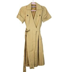 Anne Klein Camel Yellow Short Sleeve Collared Linen Wrap Midi Dress Size 2